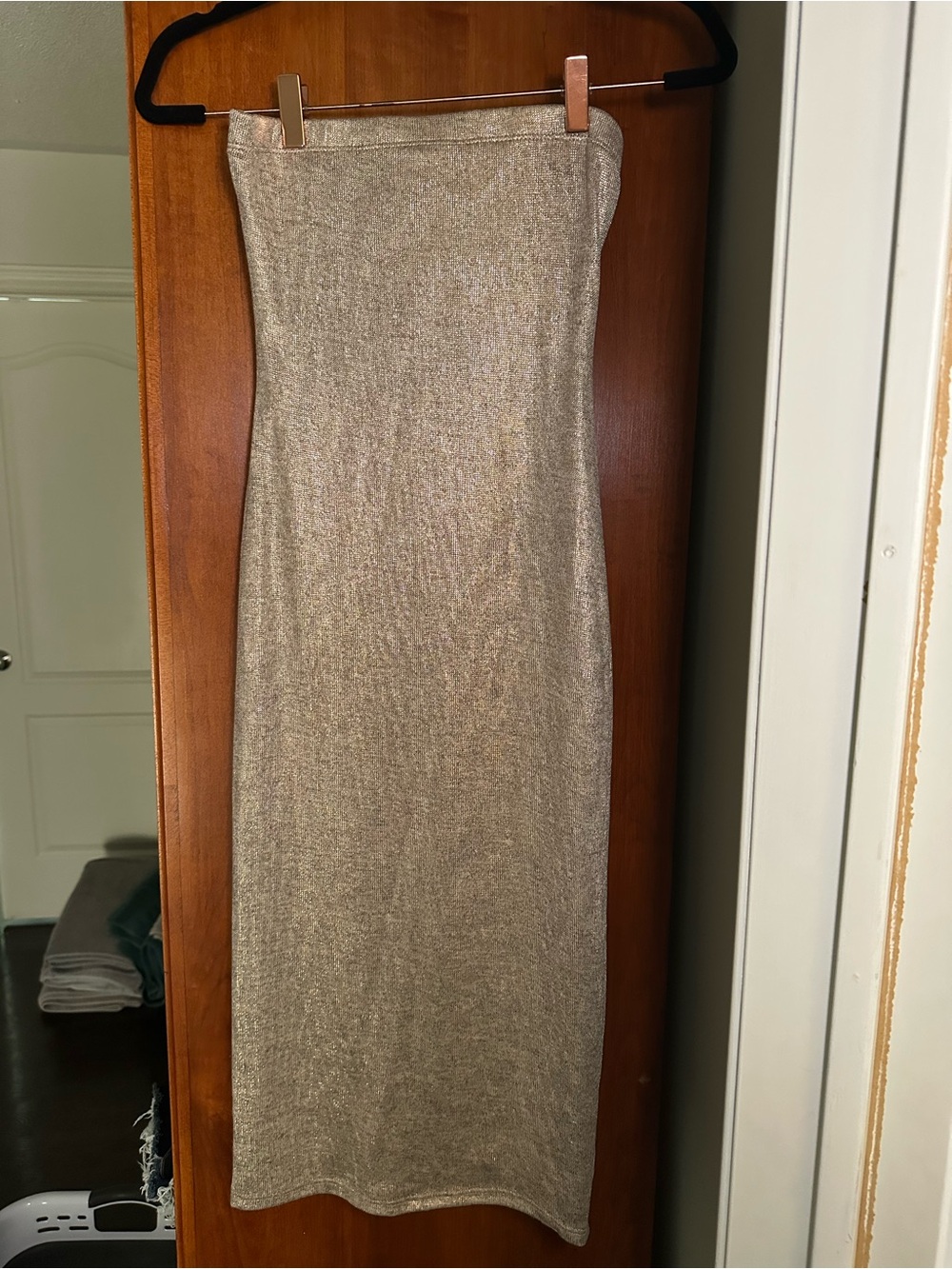 Fashion Nova Shimmering Gold Metallic Strapless Midi Dress